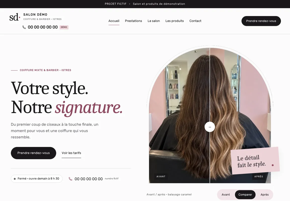 Aperçu du site Salon Démo : univers de coiffure, titre élégant et photographie de cheveux.