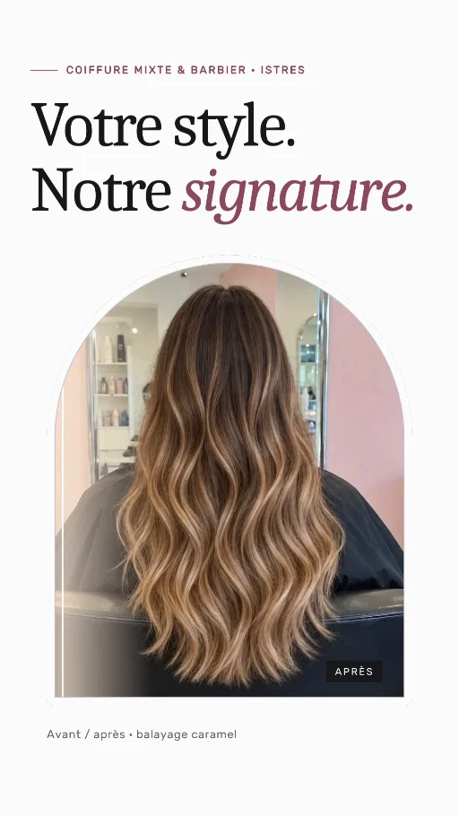 Publicité de coiffure avec une photographie de balayage.