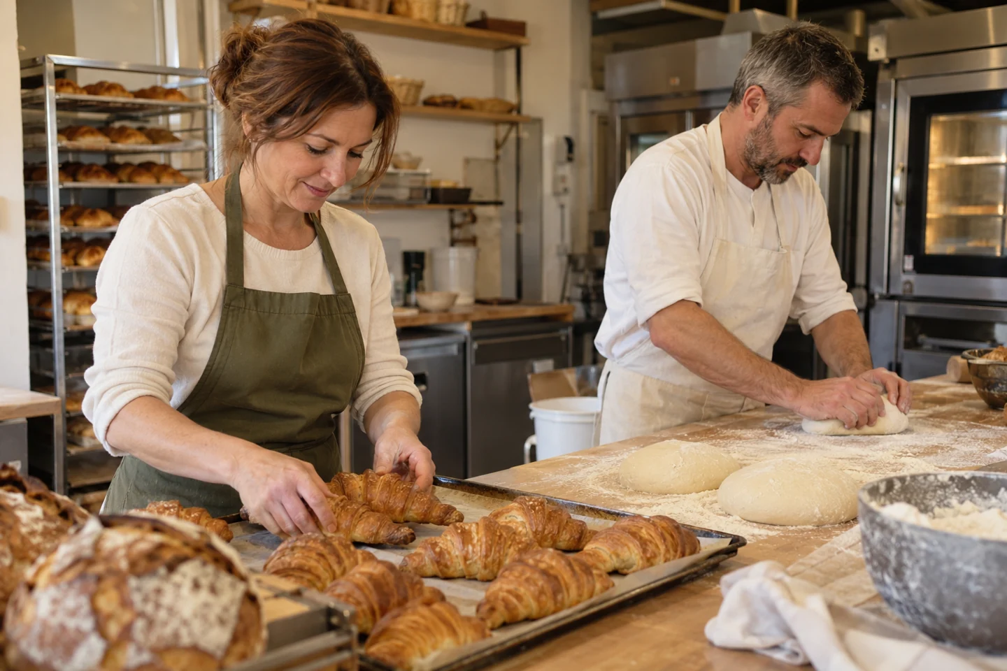 Sophie prépare des croissants pendant que son mari façonne du pain dans leur atelier