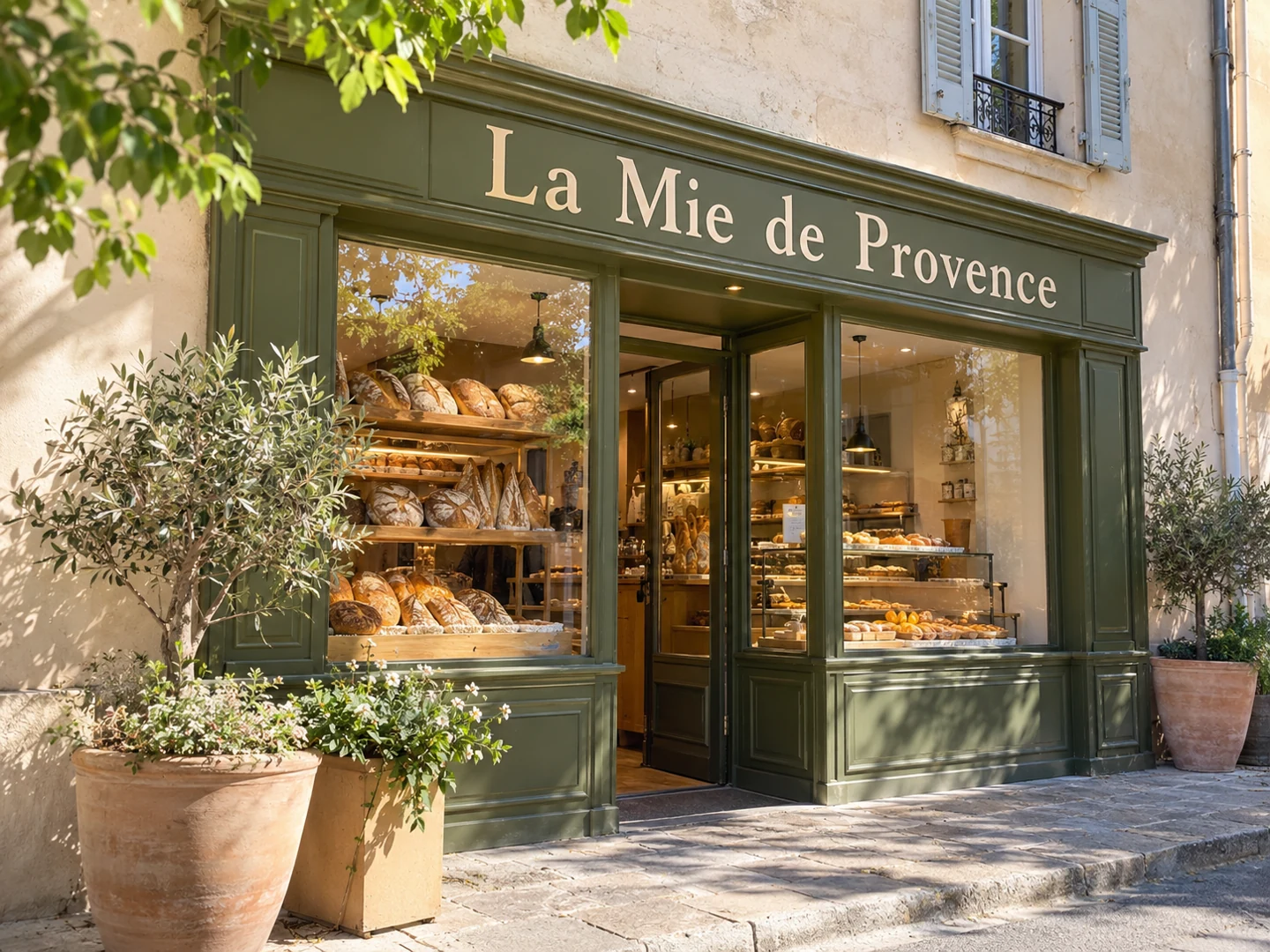 La devanture vert olive de La Mie de Provence