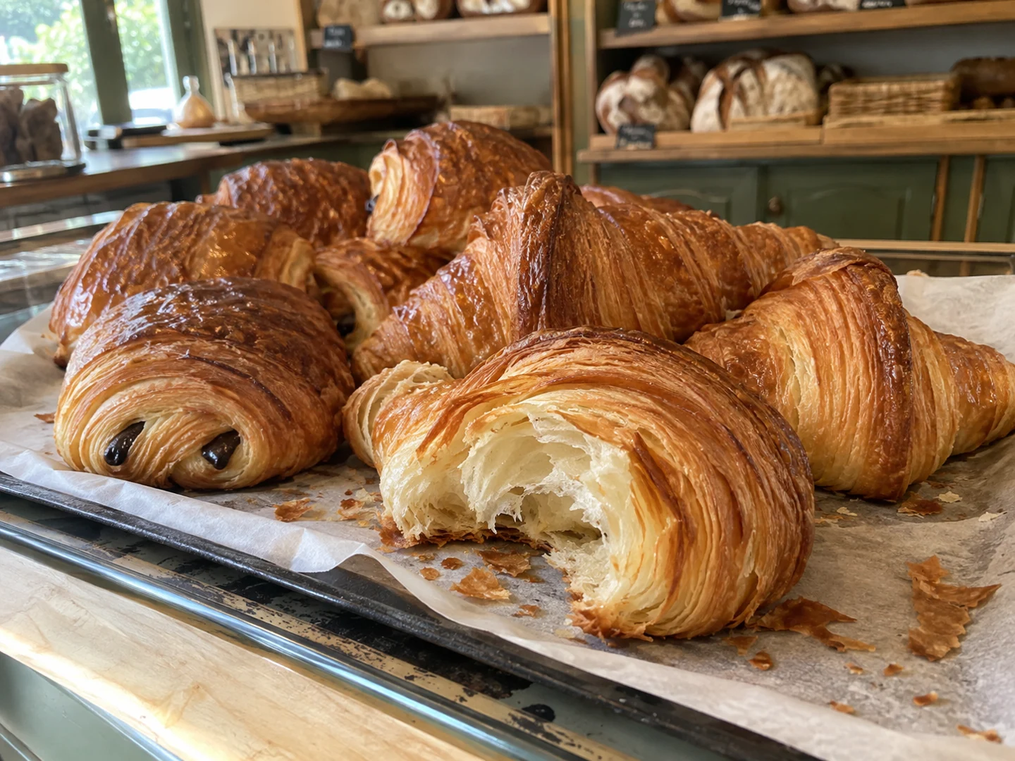 Croissants dorés et pains au chocolat au comptoir de la boulangerie